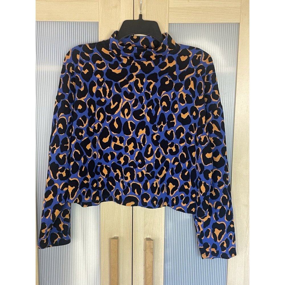 Zara Jacquard Sweater Top Leopard Animal Print Blue S Mock Neck Casual‎